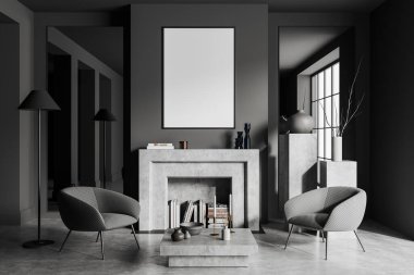 Dark living room interior with two armchairs, coffee table and fireplace with books and decoration on grey concrete floor. Mock up blank poster. 3D rendering
