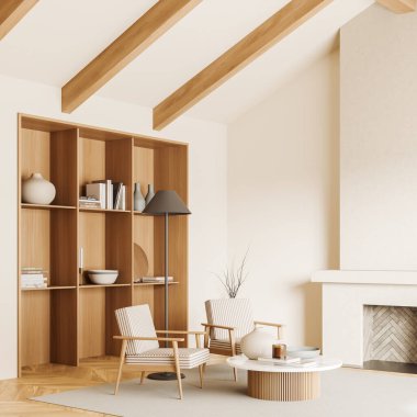 Beige living room interior with sofa and coffee table on carpet, side view. Shelf with minimalist art decoration, fireplace and carpet on hardwood floor. 3D rendering