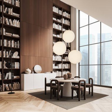 Wooden living room interior with table and chairs on carpet, side view hardwood floor. Conference board and shelf with home library, panoramic window on skyscrapers. 3D rendering