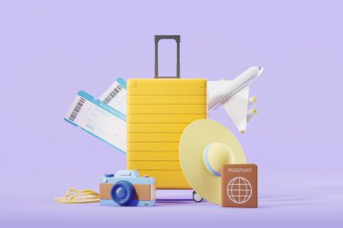 Large suitcase with holiday accessories, boarding pass tickets with flying airplane. Photo camera with summer hat on purple background. Concept of travel and tourism. 3D rendering