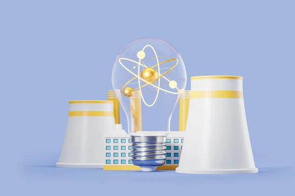 Large lightbulb with atom inside, nuclear power plant and factory on blue background. Concept of energy generation and science. 3D rendering