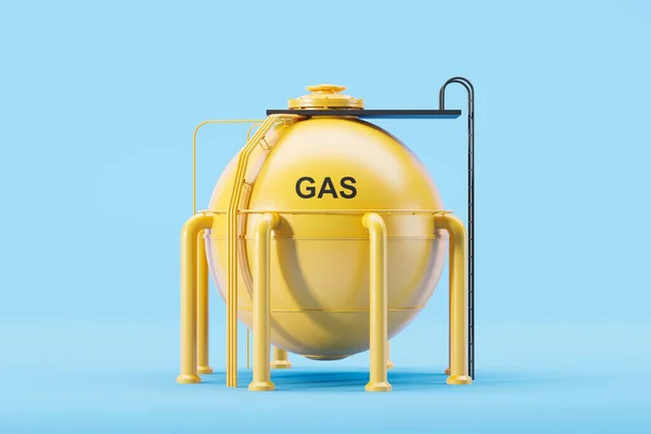 Yellow spherical gas tank with ladder on blue background. Concept of fuel storage. 3D rendering