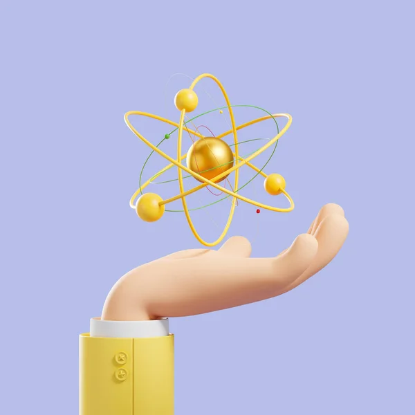 Cartoon Character Hand Gold Peaceful Nuclear Atom Electrons Rotating Blue — Stock Photo, Image