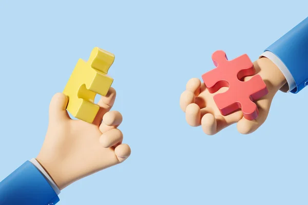 Two cartoon hands matching jigsaw puzzle pieces on blue background. Concept of connection and interaction. 3D rendering