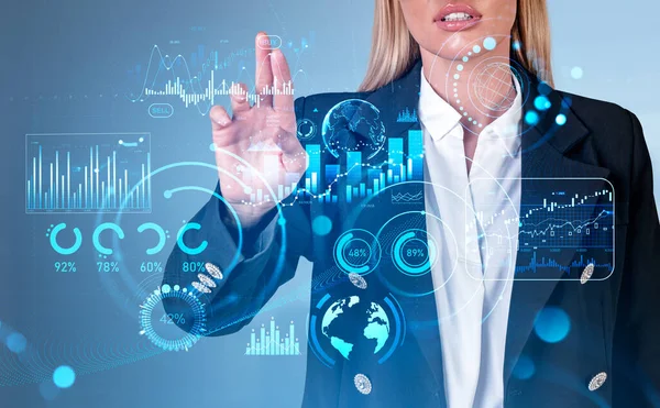 Businesswoman Fingers Touching Virtual Screen Forex Analysis Hud Stock Market — Zdjęcie stockowe