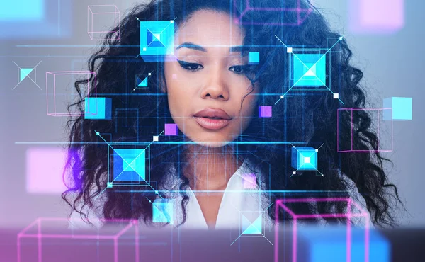 Black Businesswoman Working Laptop Colorful Hologram Data Blocks Floating Double — Zdjęcie stockowe