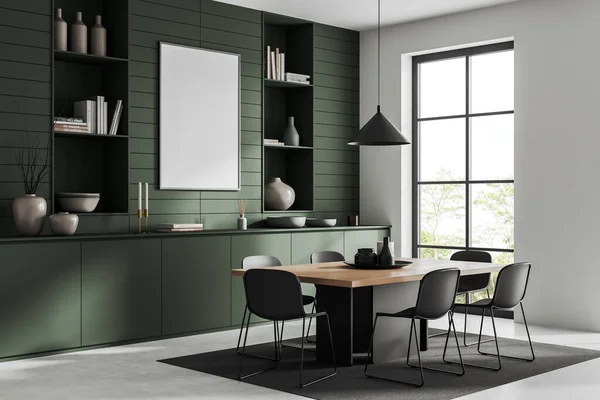 Green Dining Room Interior Seats Table Carpet Side View Light — 스톡 사진