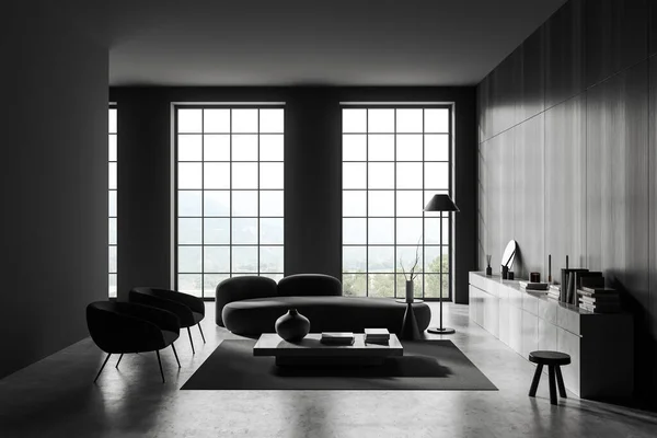 黑暗的客厅内部与沙发 扶手椅和咖啡桌在地毯上 灰色混凝土地板 带装饰和全景窗户的乡村绘图机 3D渲染 — 图库照片