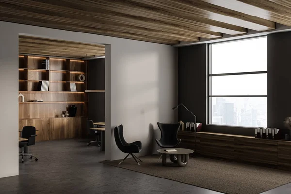 Dark business room interior with guest area, two armchairs and sideboard near panoramic window on Paris skyscrapers. Mockup empty brown wall. 3D rendering