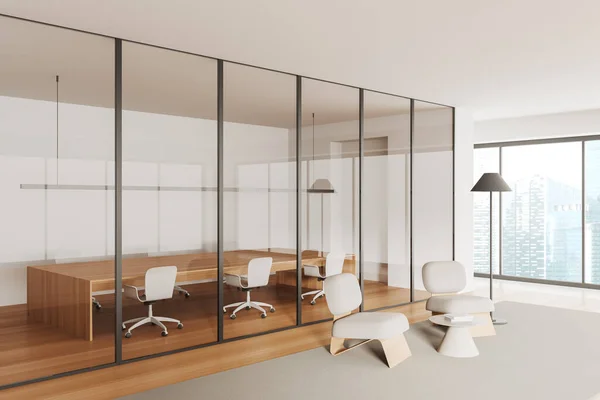 Beige Business Interior Conference Board Glass Doors Relaxing Corner Two — Foto Stock