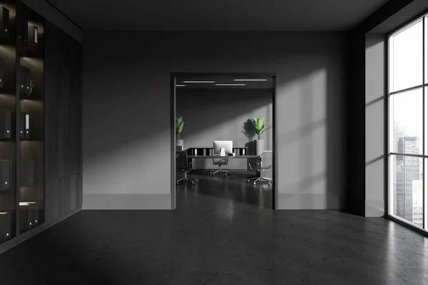 Dark Consulting Interior Computer Work Desk Grey Concrete Floor Minimalist — Stock Photo, Image