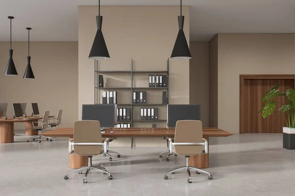 Beige Business Interior Desktop Table Armchairs Light Concrete Floor Coworking — Fotografia de Stock