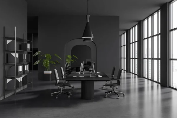 Dark Office Interior Desktop Table Conference Space Grey Concrete Floor — Zdjęcie stockowe