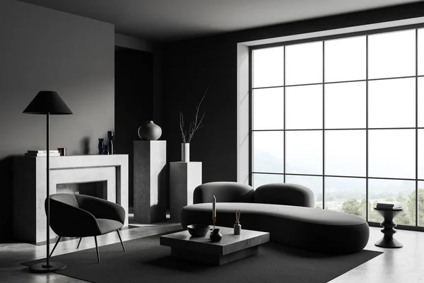 Corner View Dark Living Room Interior Sofa Armchair Grey Wall — Fotografia de Stock
