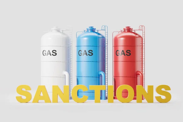 Three Tall Russian Gas Tanks Sanctions Lettering Concept Crisis Fuel — Stock Photo, Image