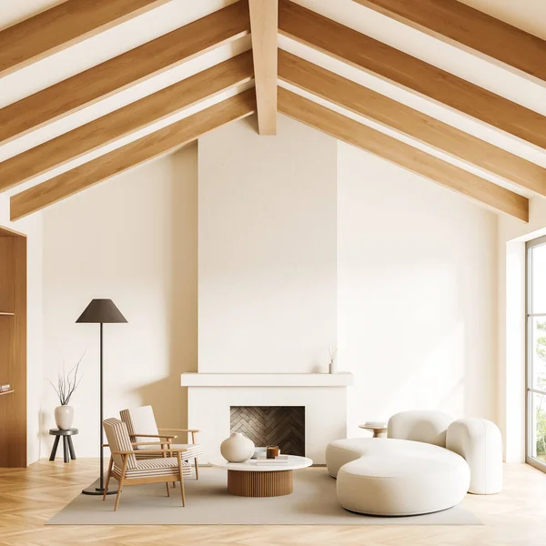Beige Living Room Interior Sofa Armchairs Coffee Table Decor Fireplace — Stockfoto