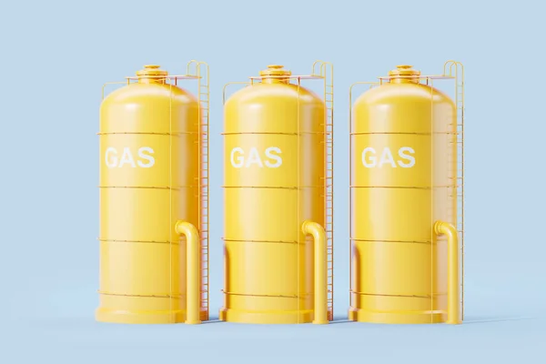Three yellow tall gas tanks in row on blue background. Concept of fuel storage and LNG. 3D rendering
