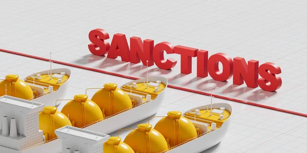 Three Cargo Ships Gas Tanks Side View Sanctions Lettering Paper — Foto de Stock