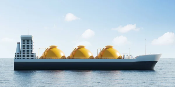 Tanker sailing in ocean water, side view three large spherical yellow tanks. Concept of shipping of liquefied gas. 3D rendering