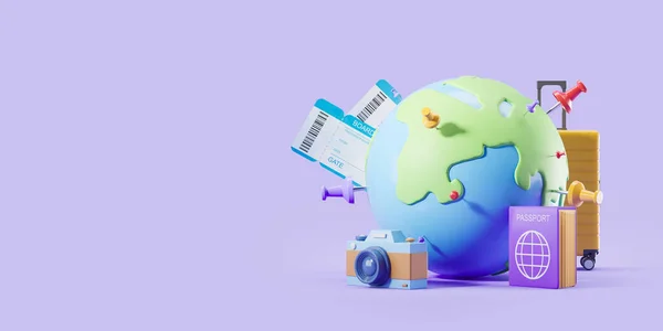 Cartoon earth sphere with pins, suitcase with passport and boarding pass tickets on empty copy space purple background. Concept of travel and trip. 3D rendering