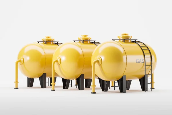 Three Yellow Gas Tanks Row White Background Side View Concept — Stock Photo, Image