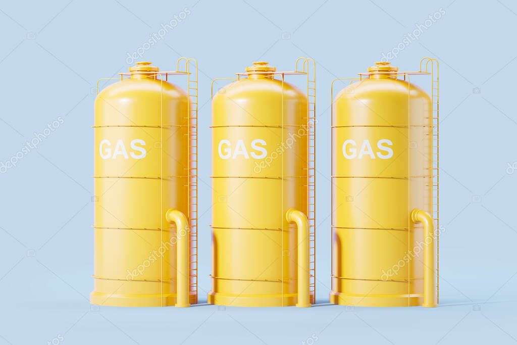 Three yellow tall gas tanks in row on blue background. Concept of fuel