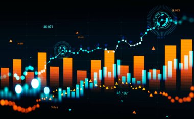 Stock market diagrams, colorful hologram with bar chart and growing lines. Numbers and dynamic changes. Concept of forex and analysis. 3D rendering