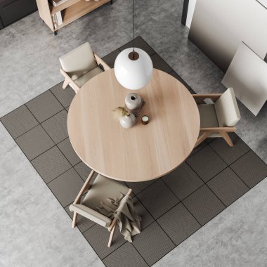Top view on bright living room interior with dining table with armchairs, crockery, shelves with books, carpet on concrete floor. Concept of place for eating and meeting. 3d rendering
