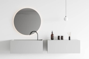 Close up view on bright bathroom interior with round mirror, white walls, liquid soap, lamp, faucet. 3d rendering
