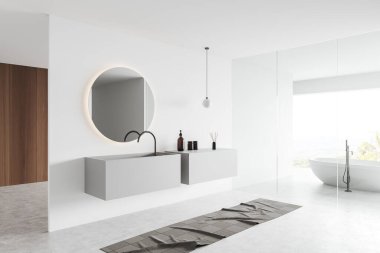 Corner view on bright bathroom interior with round mirror, bathtub, glass partition, carpet, white walls, liquid soap. 3d rendering