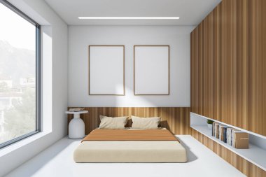 Wooden and white bedroom interior, bed and shelf with books, front view. Panoramic window on countryside. Two mock up copy space posters on wall. 3D rendering