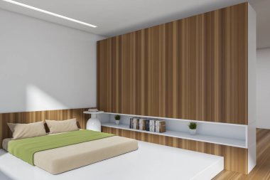 White bedroom interior with bed on podium, side view, shelf with books, nightstand on hardwood floor. Copy space empty wall. 3D rendering