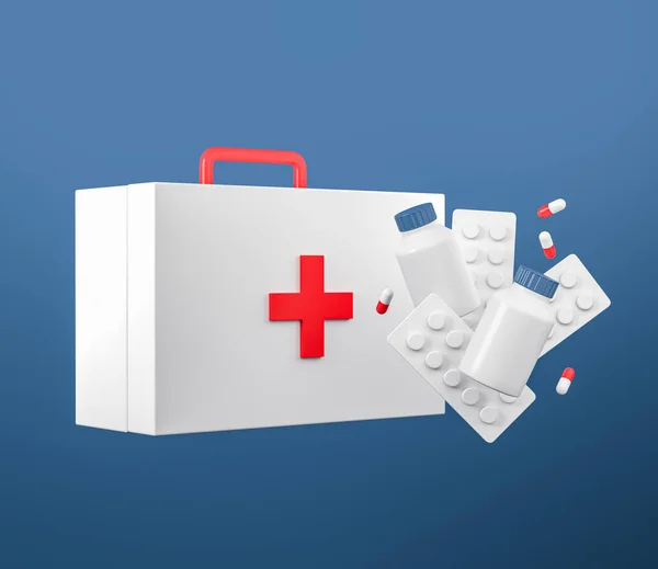 Closed first aid case with pills and bottle floating on blue background. Concept of health and emergency assistance. 3D rendering
