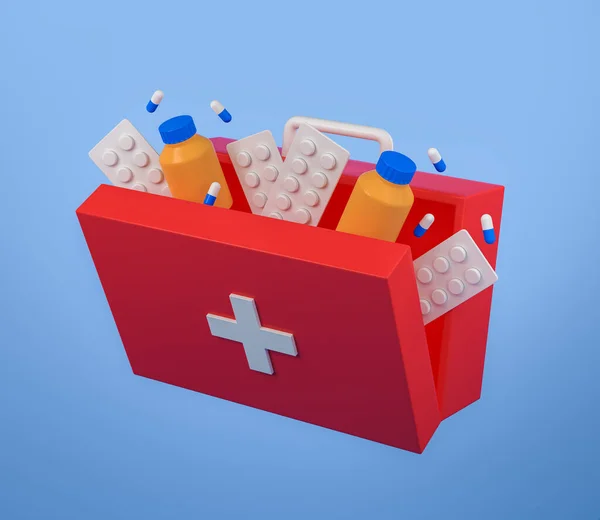 錠剤とカラフルな応急処置キット 青い背景に浮遊薬 緊急治療の概念 3Dレンダリング — ストック写真