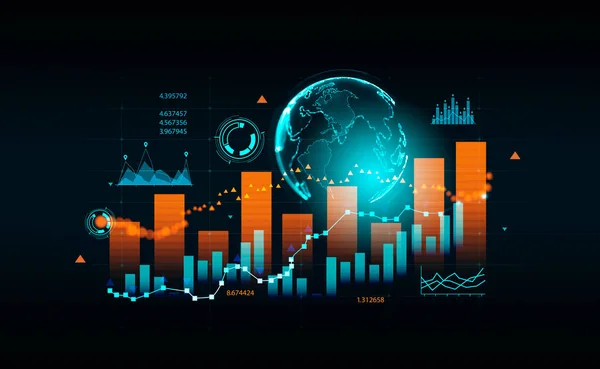 Stock market diagrams, hologram with earth globe and lines, bar chart with numbers. Colorful chart with dynamic changes. Concept of forex and world economy. 3D rendering