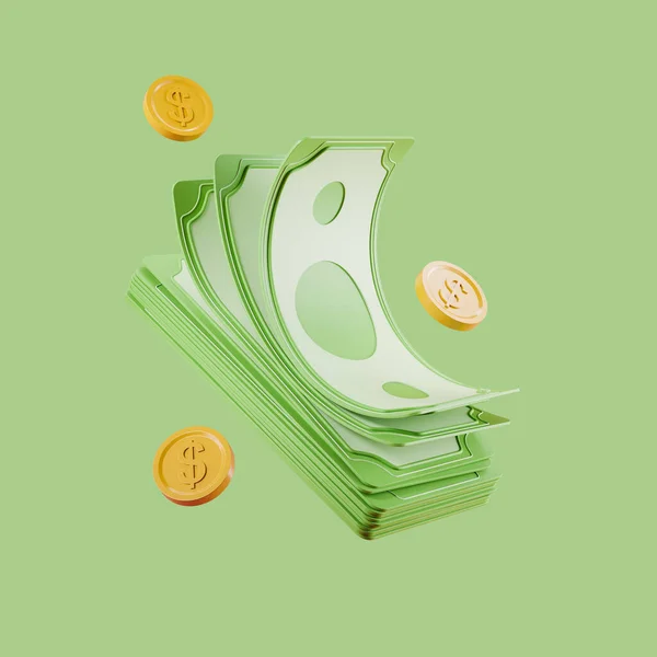 Gold Coins Falling Dollar Banknotes Light Green Background Concept Money — Zdjęcie stockowe