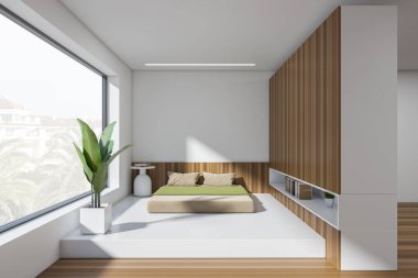 White sleep room interior with bed on podium, shelf with books and plant, nightstand and hardwood floor. Panoramic window on countryside view. 3D rendering