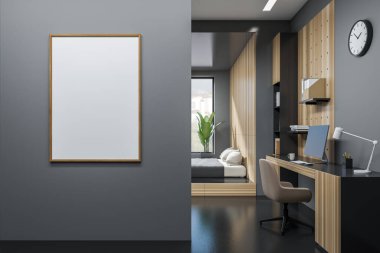 Home office interior with sleep zone and workplace with pc computer and armchair on black concrete floor. Shelf with books and panoramic window on countryside. Mock up poster, 3D rendering