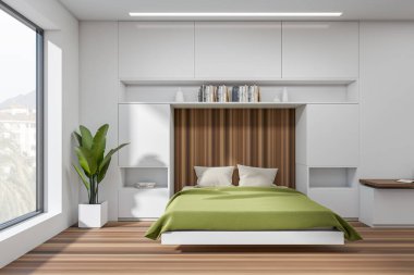 White bedroom interior with bed, shelf with books and plant, hardwood floor. Panoramic window on countryside view. 3D rendering