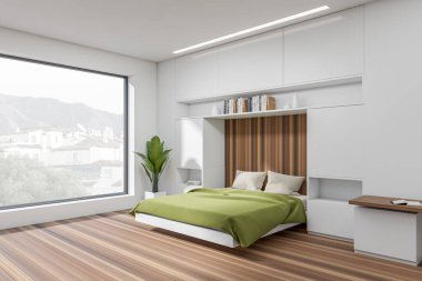Light bedroom interior with bed, shelf with books and plant, side view, hardwood floor. Panoramic window on countryside view. 3D rendering