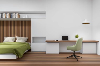 Stylish bedroom interior in hotel, workspace with laptop on desk and armchair. Shelf with books and hardwood floor. Mockup copy space empty wall. 3D rendering