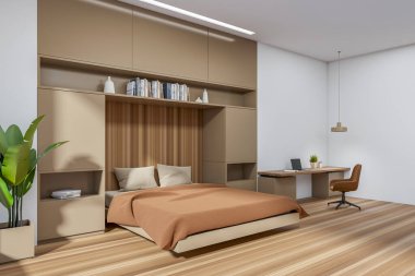 Beige bedroom interior with bed, side view, workplace with laptop on desk and armchair in the corner. Shelf with books and plant on hardwood floor. 3D rendering