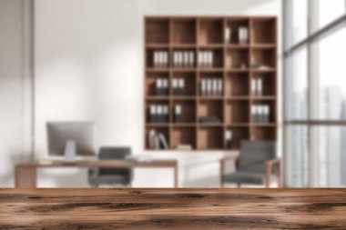 Bright office interior with good place for advertisement panoramic windows with Singapore view, desk with computer, shelf, folder, armchair and hardwood floor. Place for working process. 3d rendering