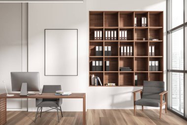 Close up view on bright office interior with empty white poster, panoramic windows, desk with computer, shelf, armchair and hardwood floor. Concept of place for working process. Mock up. 3d rendering