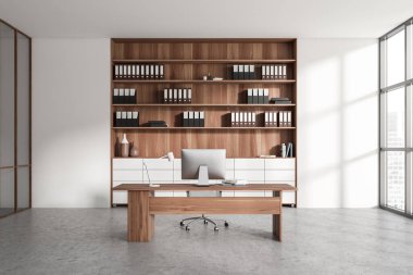 White ceo room interior with pc computer on work desk, grey concrete floor. Cabinet with documents and decoration, panoramic window on city view. 3D rendering
