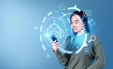 Smiling woman using phone, hologram of voice chat. Bot icon and social network signs, helpdesk. Artificial intelligence. Concept of online support