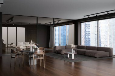 Dark studio interior with eating area, sofa and bedroom behind glass doors. Panoramic window on Singapore city view. Open space hotel apartment. 3D rendering