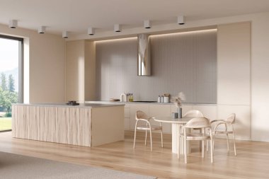 Wooden kitchen interior with island, eating area with chairs, side view. Panoramic window on city view. Deck with sink, stove and hood, hardwood floor. 3D rendering