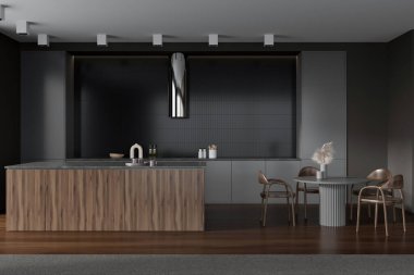 Dark kitchen interior with island, dining area with chairs, front view. Cooking space with modern furniture. Deck with stove and hood, hardwood floor. 3D rendering
