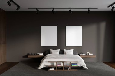 Dark bedroom interior, bed with white linens, nightstand with books and decoration, carpet on hardwood floor. Two mock up copy space posters in row. 3D rendering
